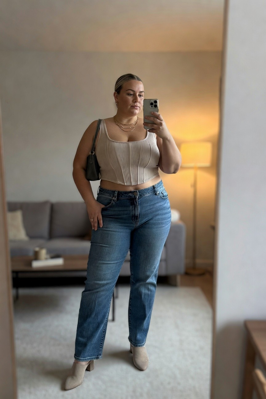 Woman in beige crop top and blue jeans taking a mirror selfie.