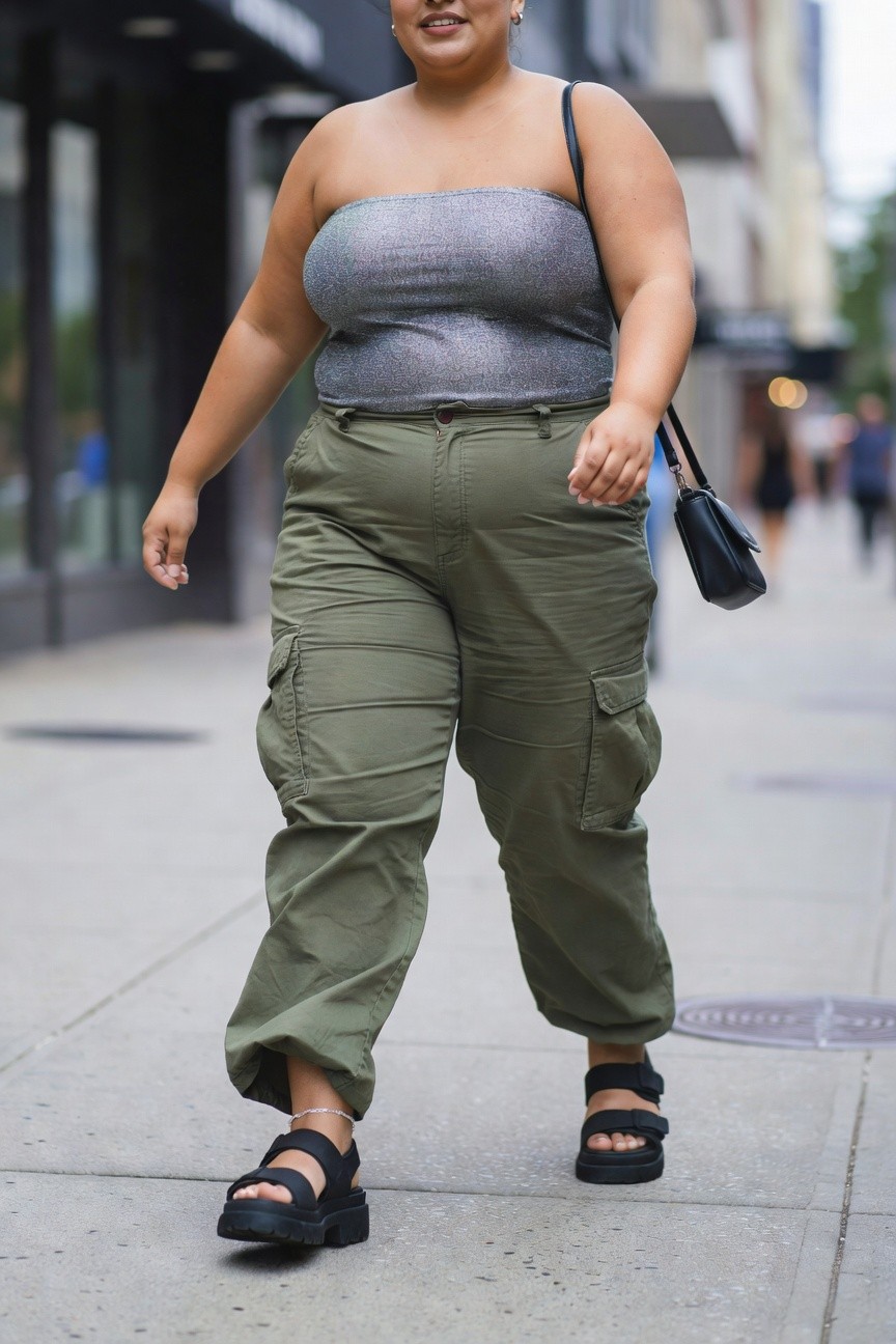 Woman in sparkly gray top and green cargo pants walking on sidewalk.