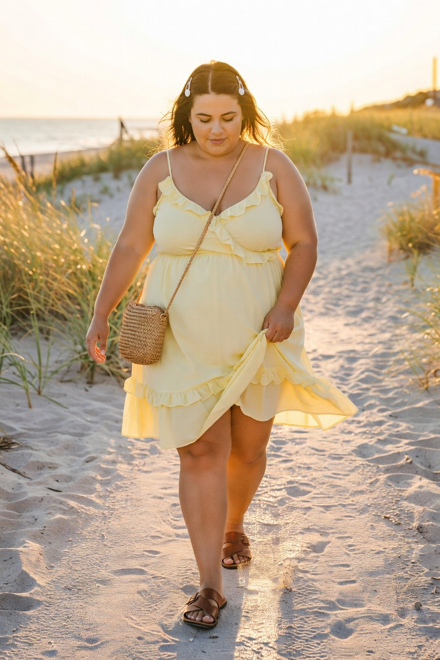 Woman in yellow ruffled dress walking on a sandy beach at sunset.