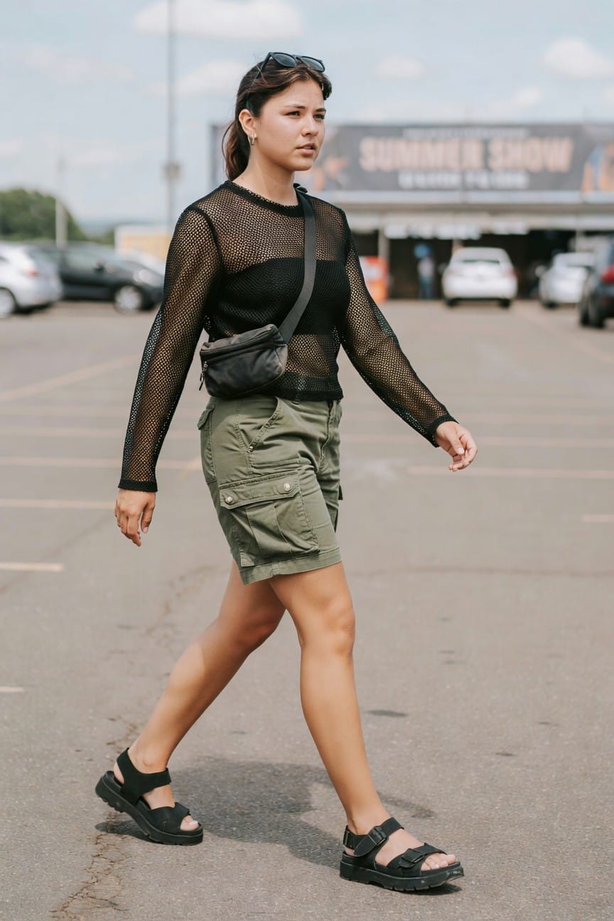 woman in black mesh long sleeve top over black bandeau paired with olive green cargo shorts black fanny pack and black platform sandals walking in a parking lot