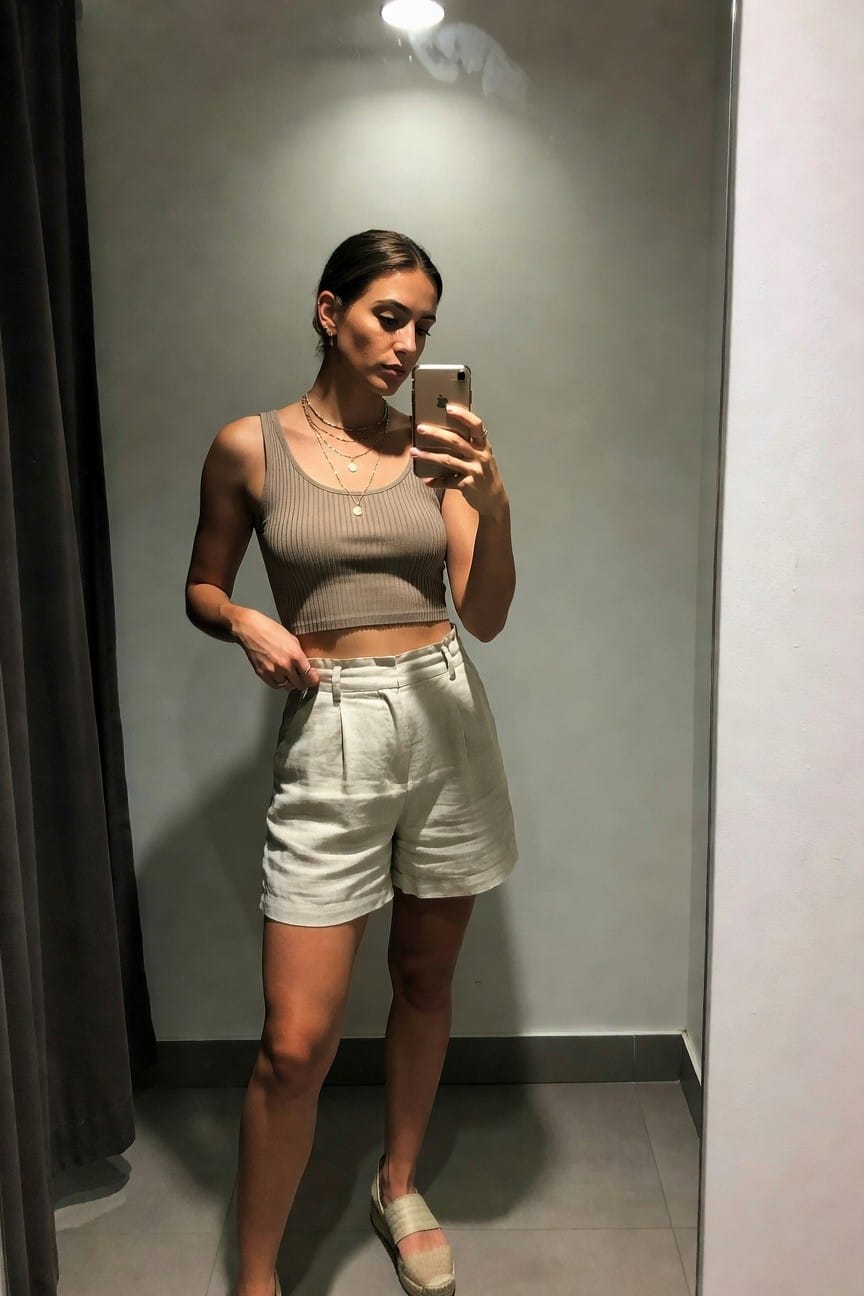 Woman wearing a beige ribbed crop tank top, light beige pleated linen shorts, layered gold necklaces, and espadrille sandals while taking a mirror selfie.