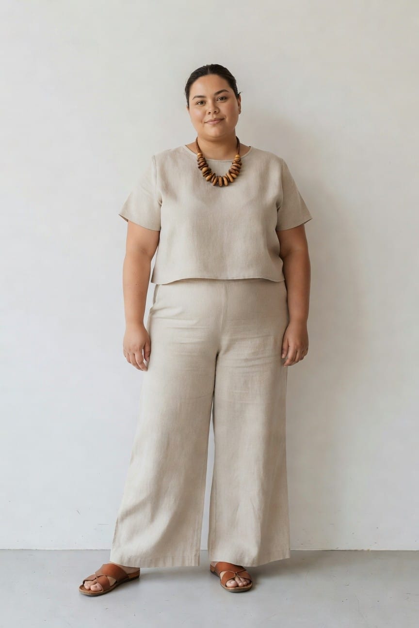 Woman in beige linen top and wide-leg pants with wooden necklace.