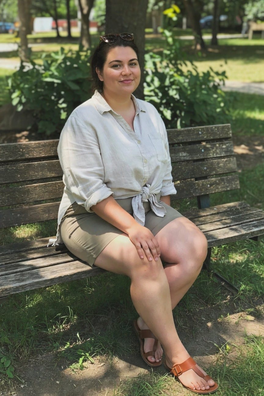 Woman in beige shirt and shorts seated on wooden park bench.