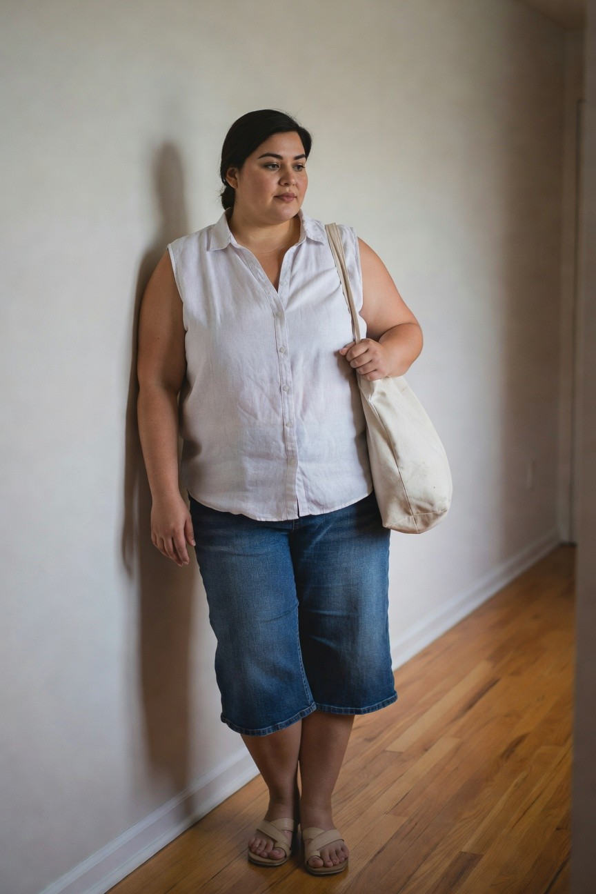 Woman in sleeveless white shirt and denim capris holding canvas tote bag.