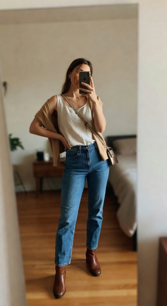 Woman wearing straight-leg blue jeans, white sleeveless knit top, beige cardigan draped over shoulders, brown ankle boots, and small crossbody bag while taking a mirror selfie.
