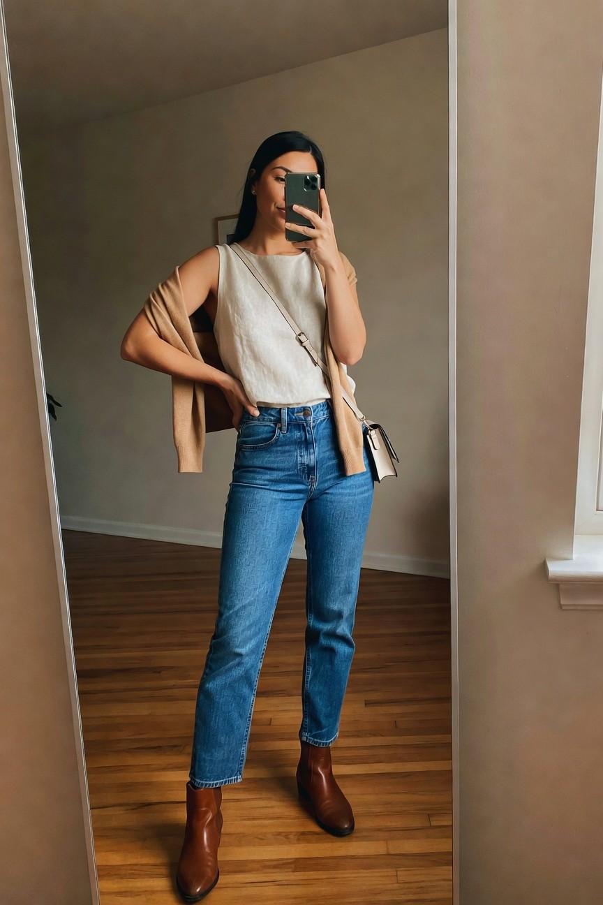 Woman wearing straight-leg blue jeans, white sleeveless knit top, beige cardigan draped over shoulders, brown ankle boots, and small crossbody bag while taking a mirror selfie.