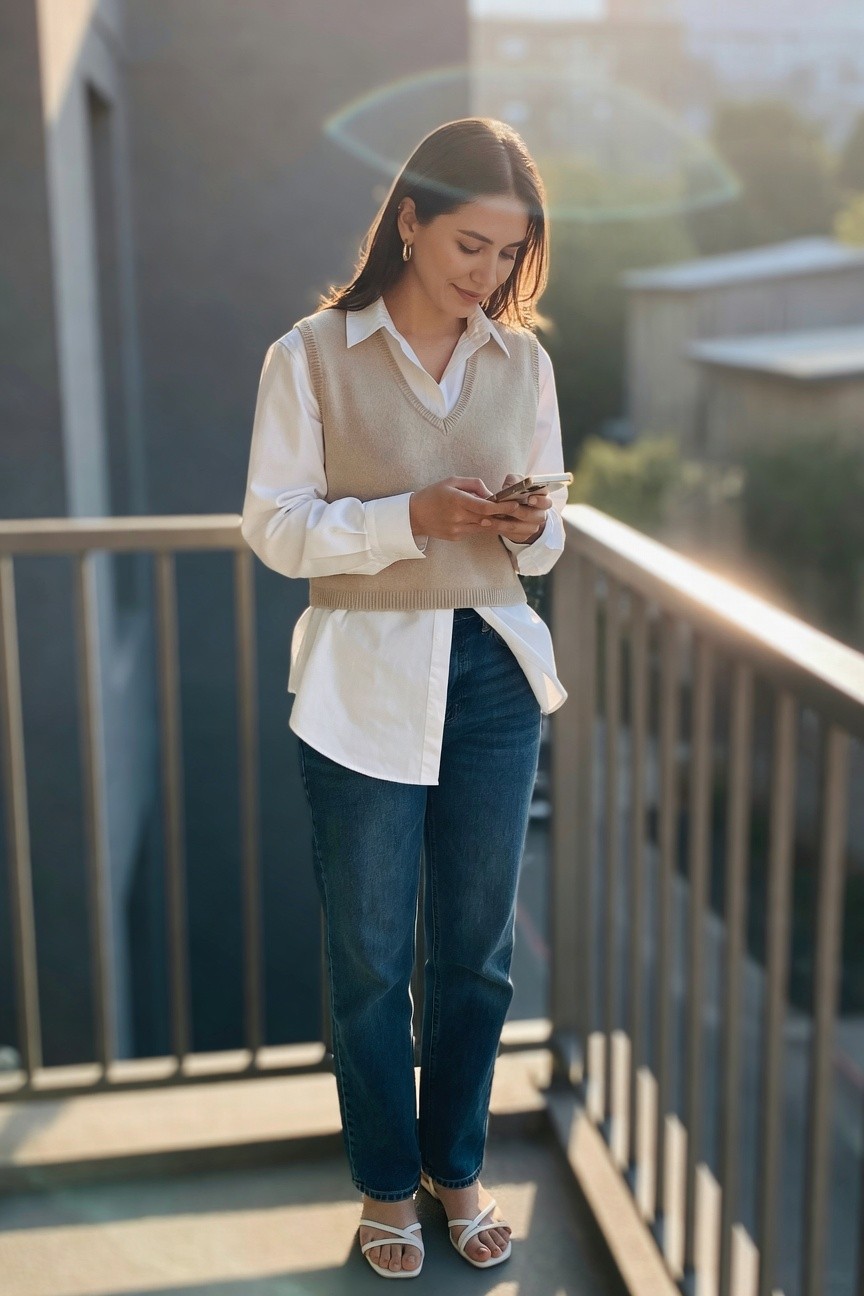 Sweater Vest Over A White Button Down Shirt