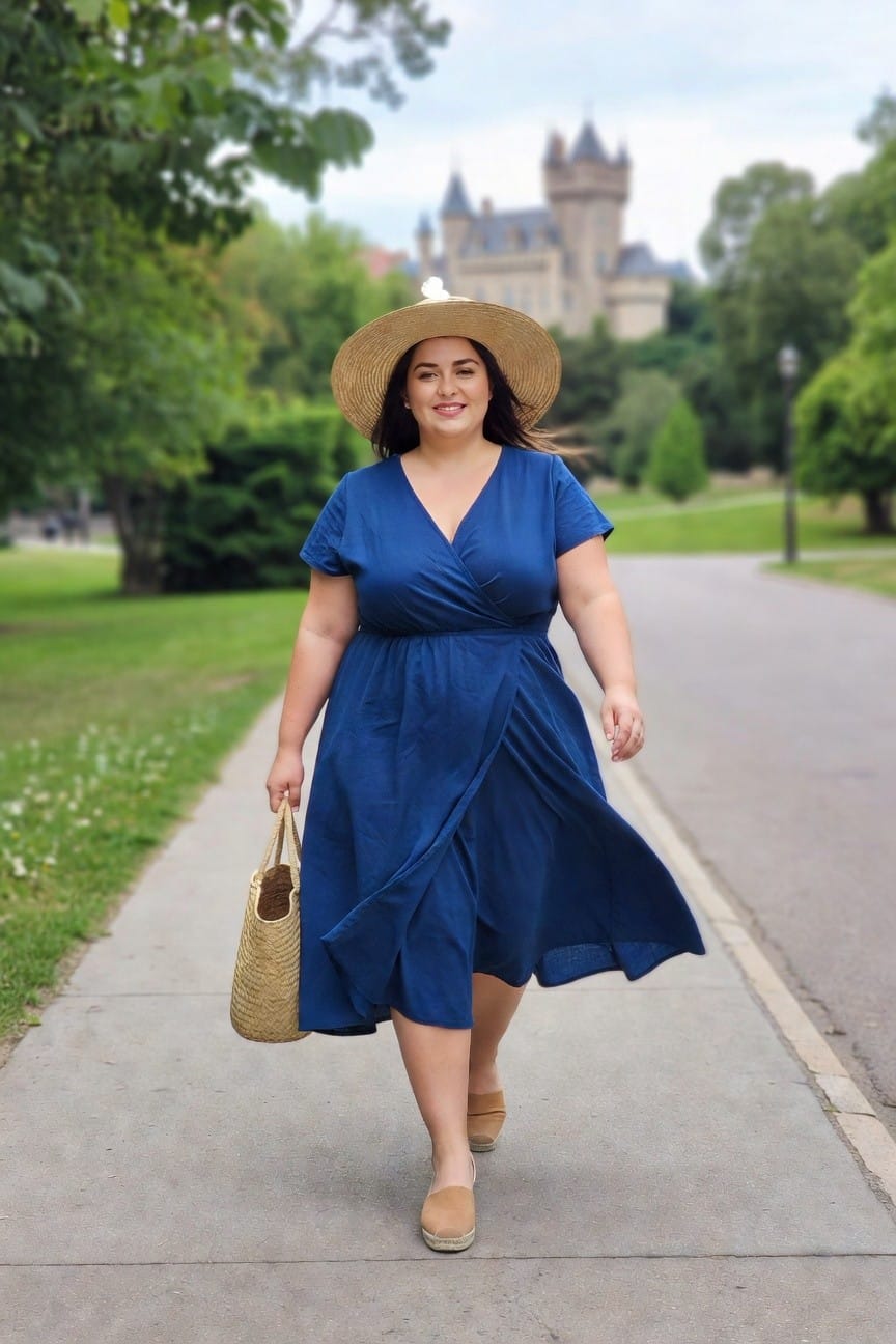Woman in blue wrap dress and straw hat walks with woven bag.