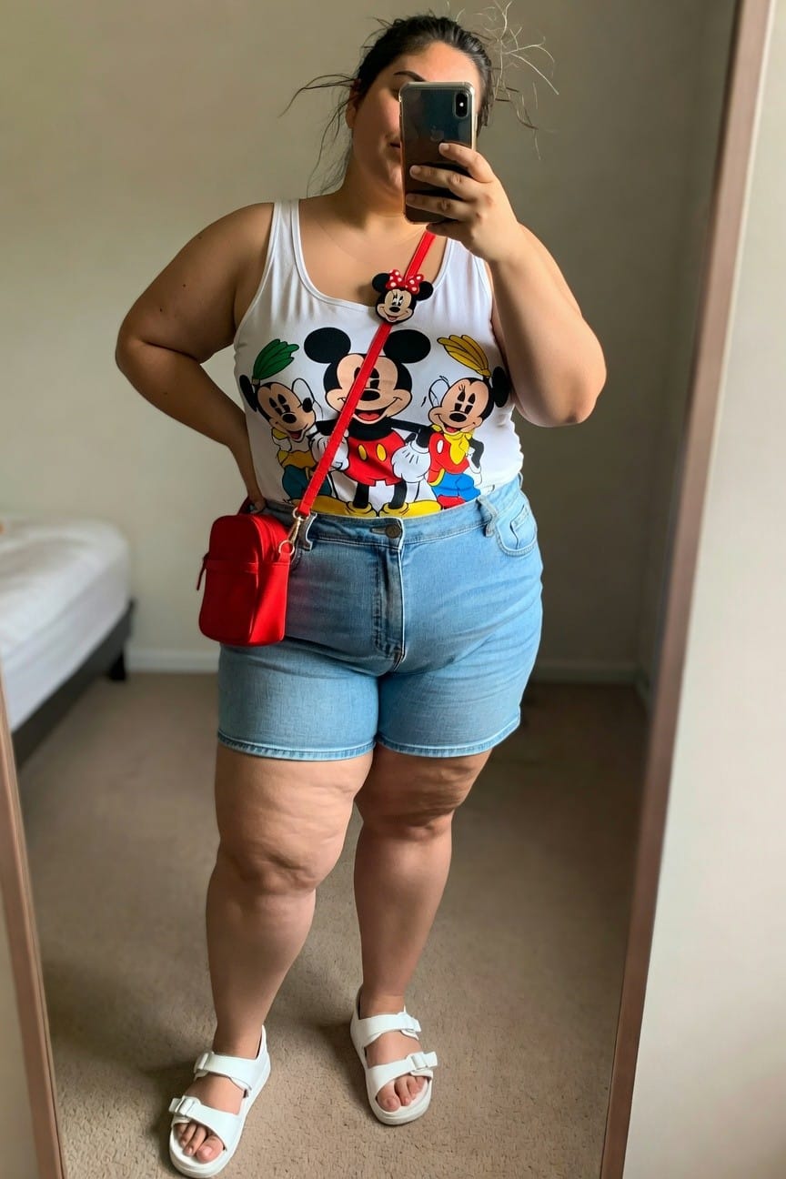 Plus size woman in white Mickey Mouse tank top, light blue denim shorts, white sandals and red crossbody bag posing for a mirror selfie.