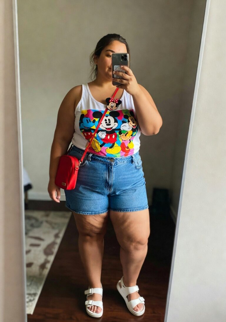 18 Fun Plus Size Disney Summer Outfits for Magical Park Days Plus size woman in white Mickey Mouse tank top, light blue denim shorts, white sandals and red crossbody bag posing for a mirror selfie.