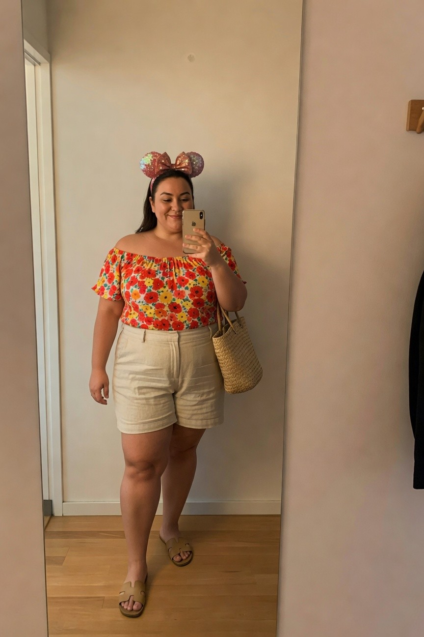 Plus size woman in a red yellow and orange floral off shoulder top paired with cream linen shorts, tan slides, straw tote and glitter mouse ears while taking a mirror selfie.
