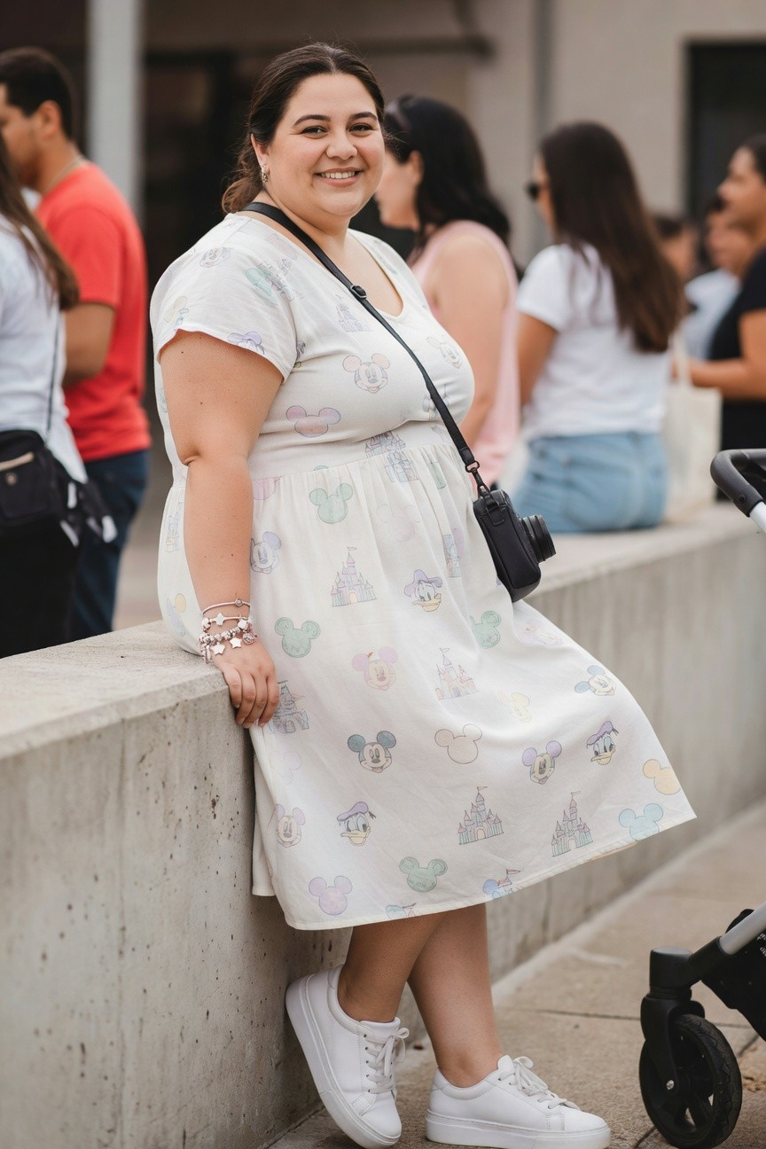 Woman in Mickey Mouse dress leaning on concrete wall smiling.
