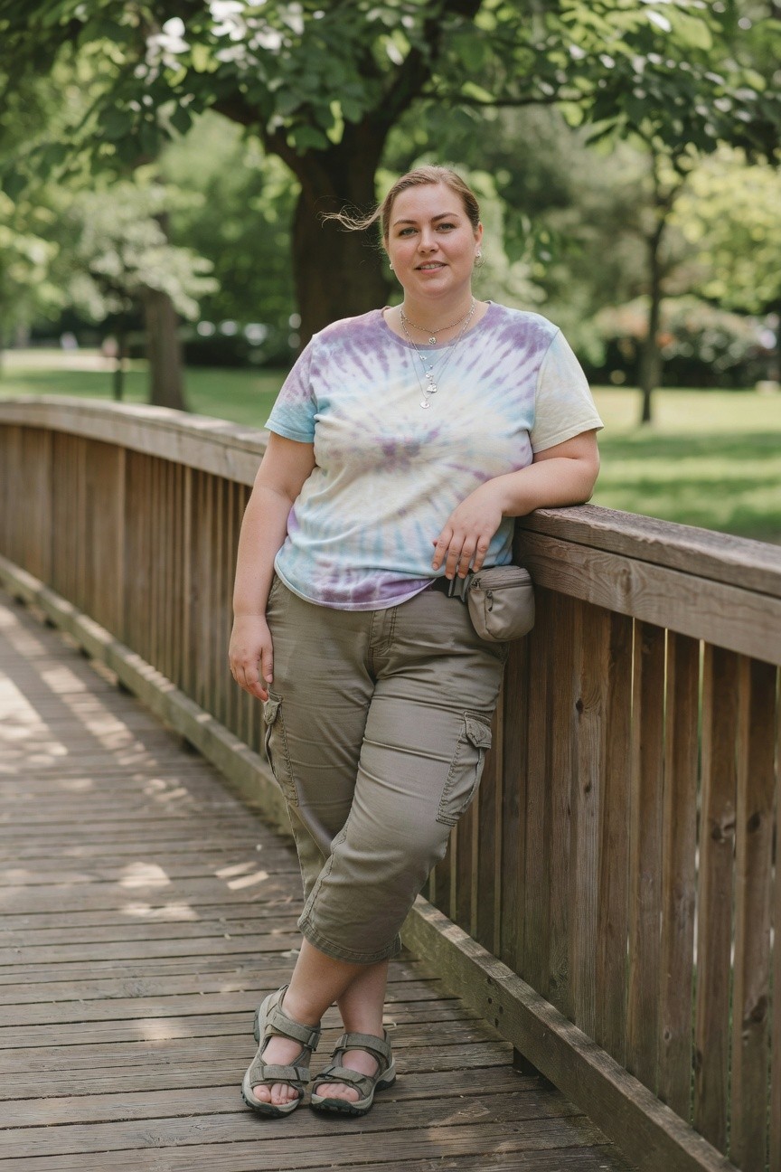 Woman wearing a pastel tie dye t-shirt tucked into olive green cargo capri pants with a small belt bag, layered necklaces, and gray sandals standing on a wooden bridge.