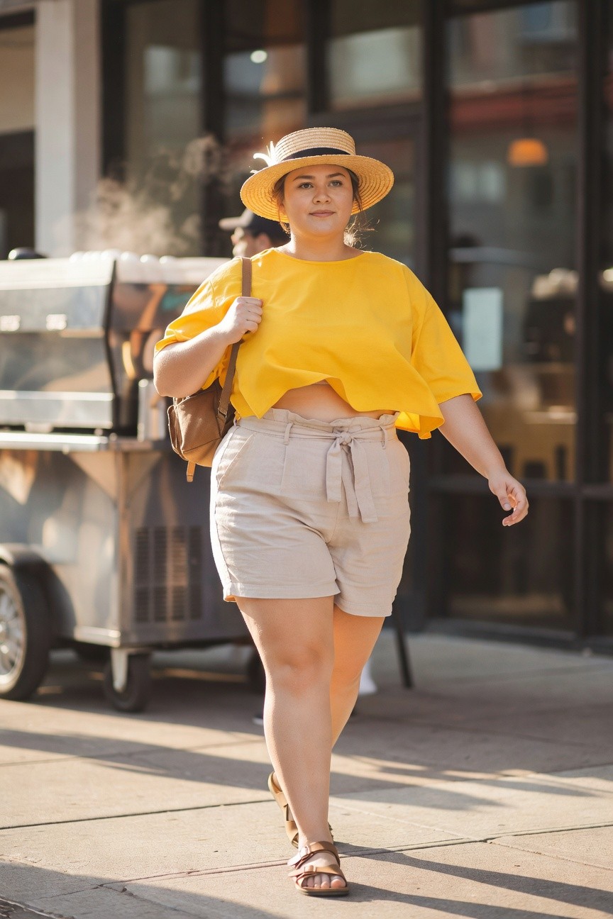 Woman in yellow top and straw hat walking on sunny sidewalk.