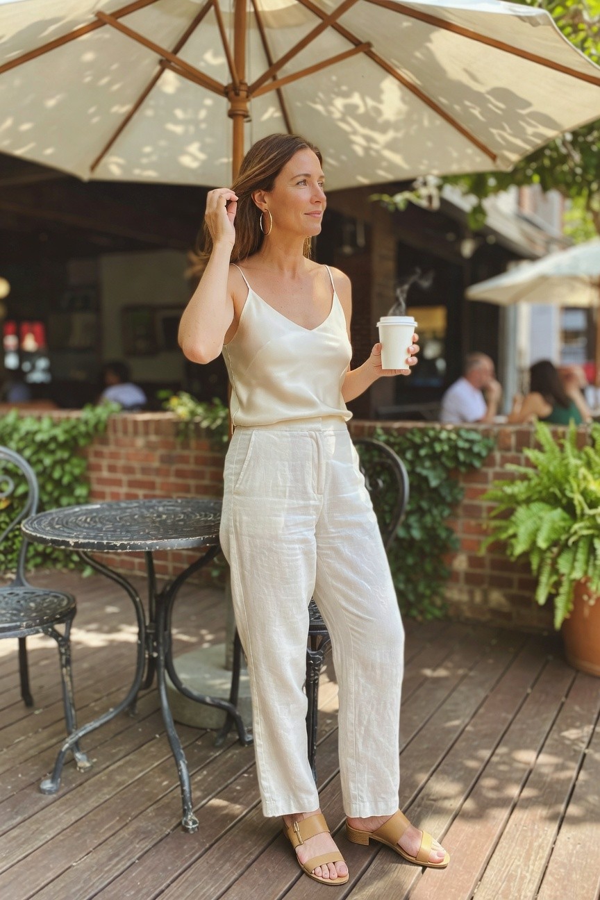 Woman in cream satin camisole top and loose off white linen pants with brown slide sandals and gold hoop earrings holding a coffee cup.