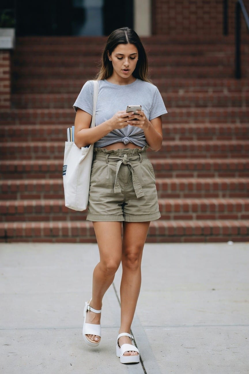 Grey Tee Tied Over Olive Shorts