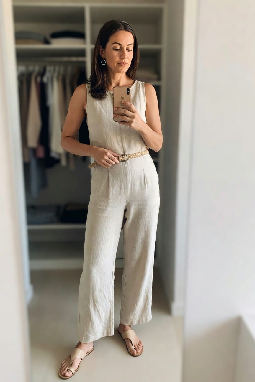 Woman in beige linen jumpsuit taking a mirror selfie in a closet.