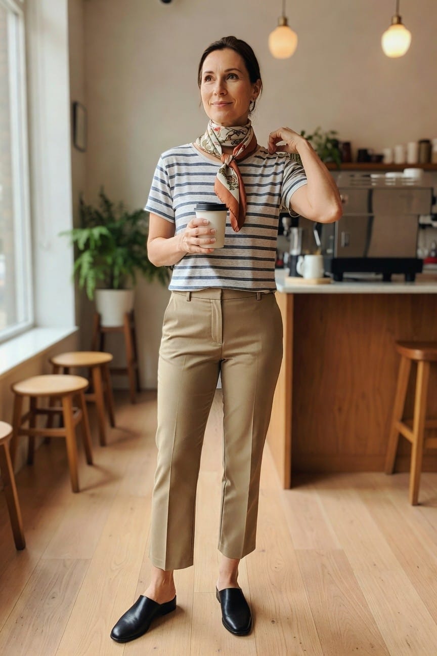 Woman in striped shirt and beige pants holding coffee in cafe.