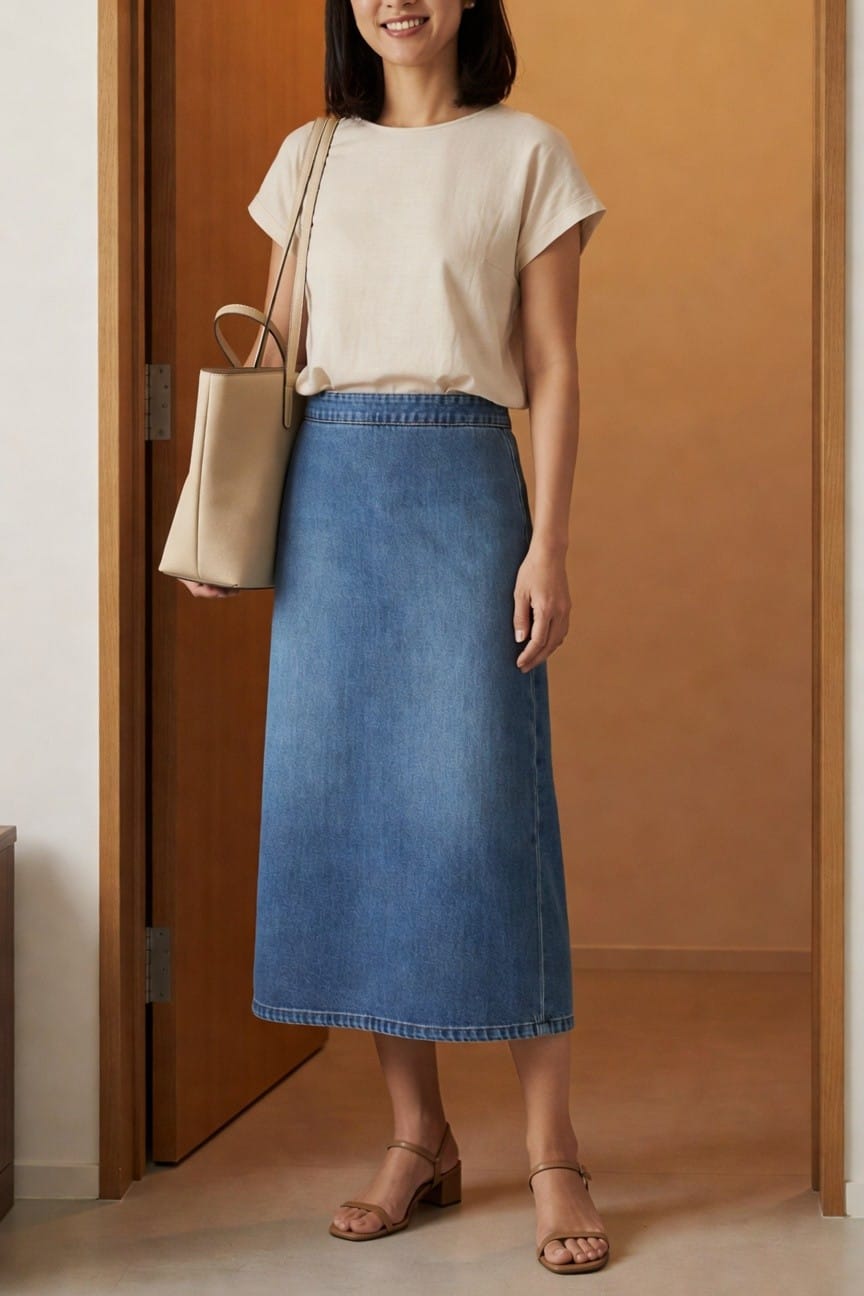 Woman in cream short-sleeve top and blue denim midi skirt carrying a beige tote with matching low-heel sandals in a doorway setting