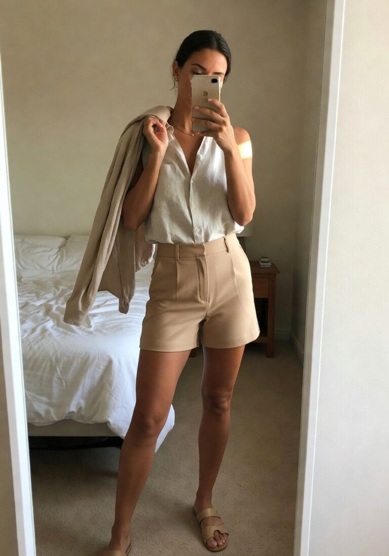A woman poses in a mirror wearing a light gray sleeveless blouse and beige high-waisted shorts, holding a light jacket. The setting is a cozy bedroom.