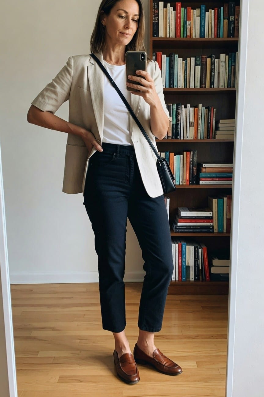 Woman in beige blazer and dark jeans taking a mirror selfie.