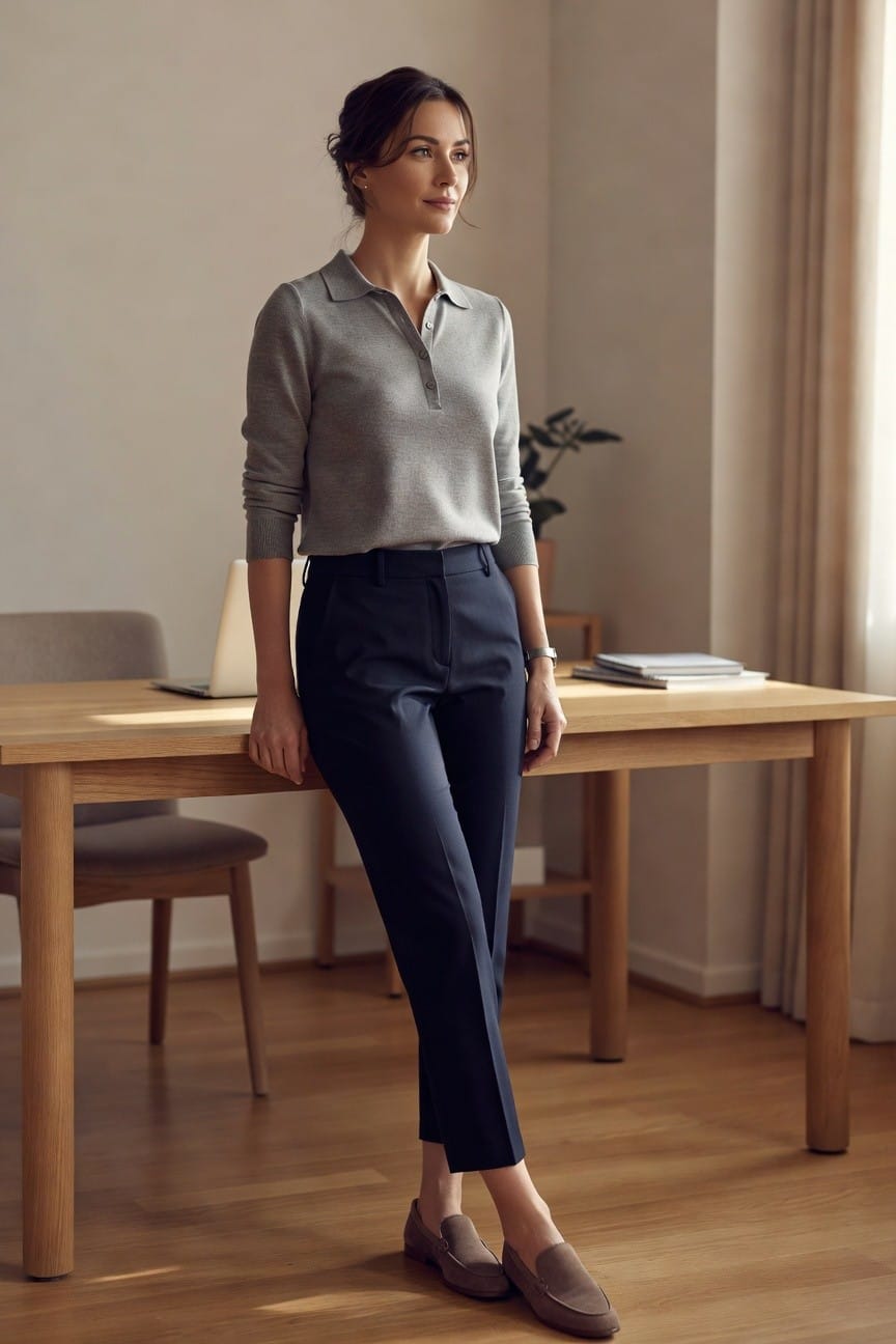 Woman in gray sweater and navy pants standing by wooden desk.