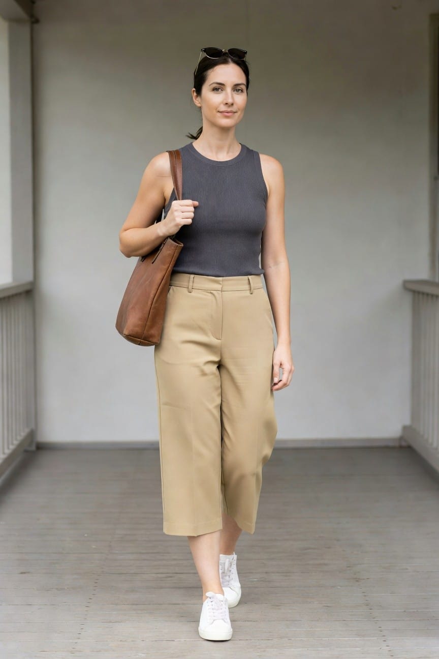 Woman in gray top and beige pants with brown bag and white sneakers.