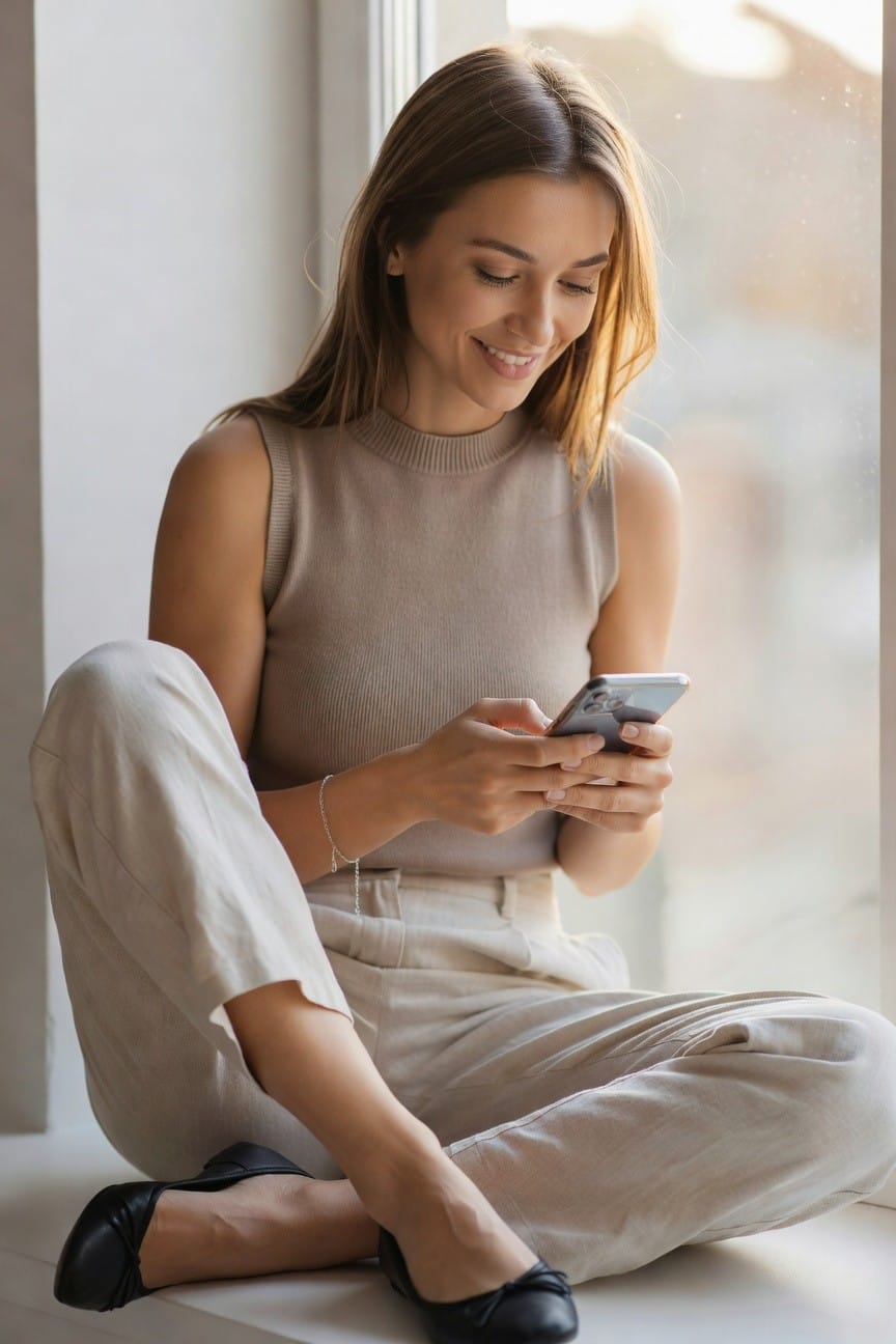 A woman in a sleeveless ribbed beige knit top and loose light beige pants with black bow flats and a thin silver bracelet, seated casually while holding a smartphone.