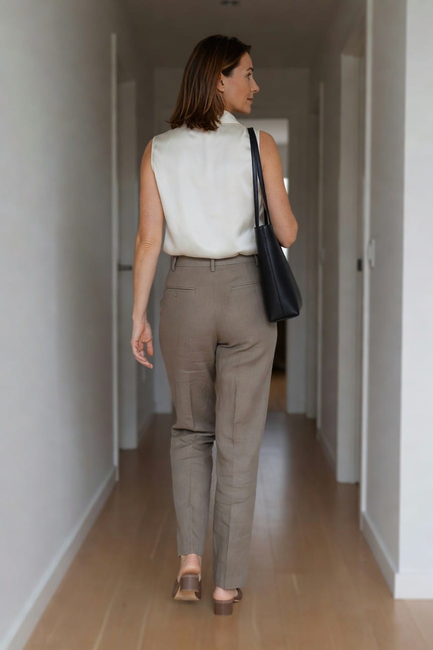 Woman in beige trousers and white sleeveless top walks down hallway with black bag.