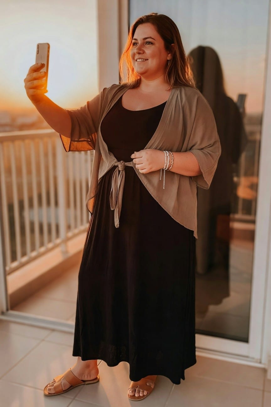 plus size woman wearing a black maxi dress under a taupe sheer open front cover up tied at the waist with neutral slide sandals and silver bracelets during a selfie pose