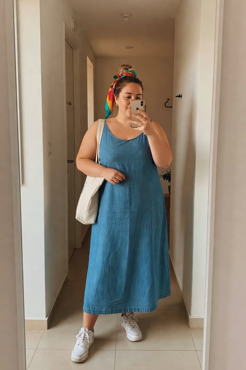 plus size woman wearing a blue denim maxi dress with white sneakers a colorful headscarf and a white tote bag in a hallway mirror selfie