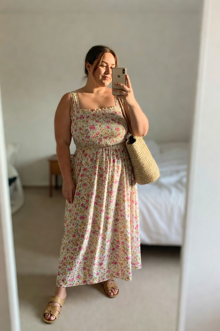 Woman in floral smocked dress taking mirror selfie with woven bag.