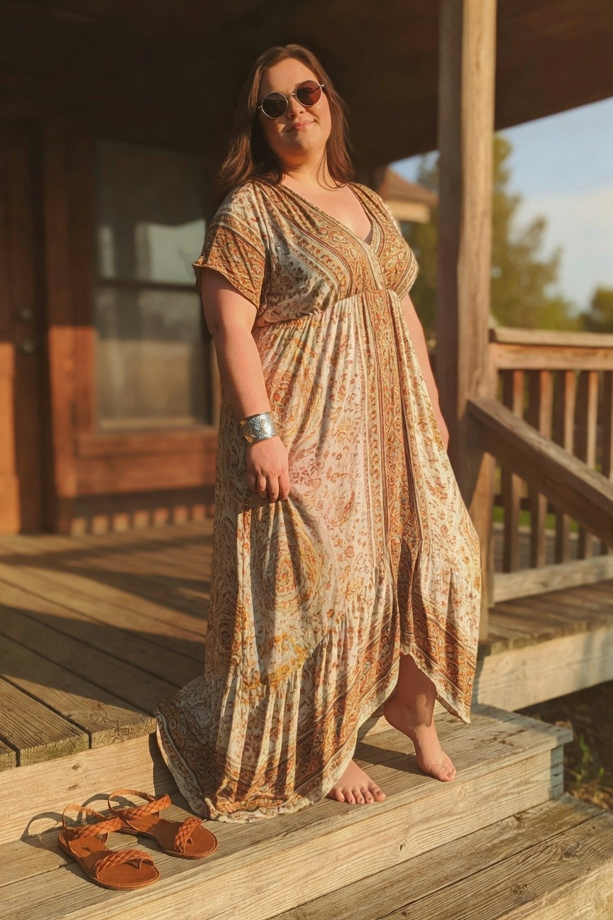 Woman in patterned maxi dress and sunglasses on wooden porch, sandals nearby.