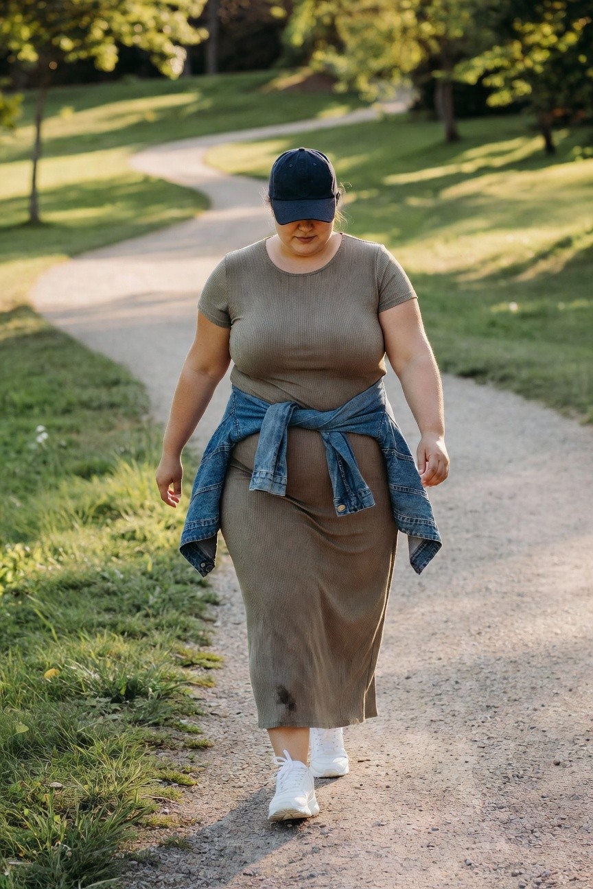 Plus size woman wearing a taupe ribbed maxi dress with a blue denim jacket tied around the waist, white sneakers, and a black baseball cap while standing on a gravel path.