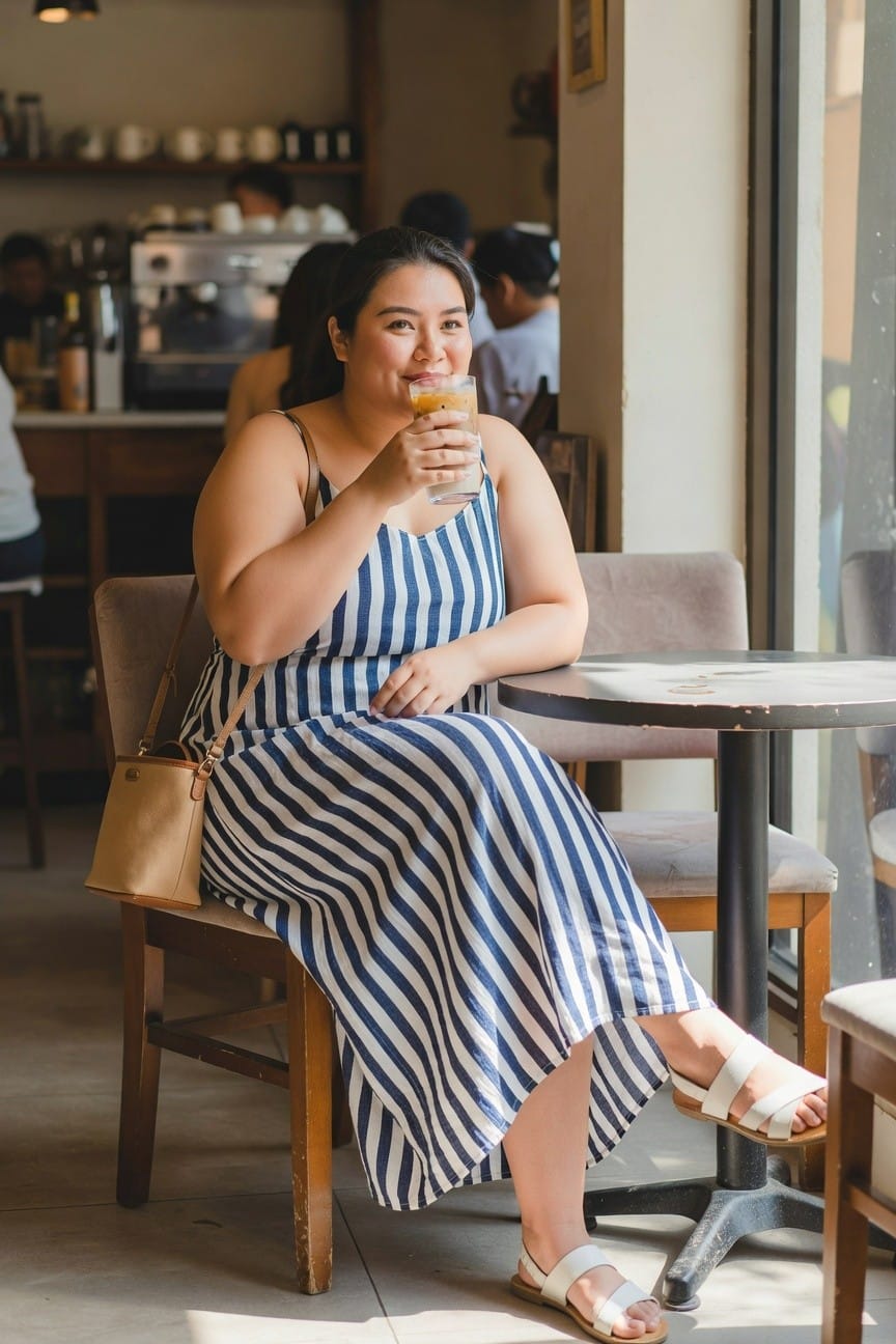 Woman in striped dress sipping iced coffee at cafe table.