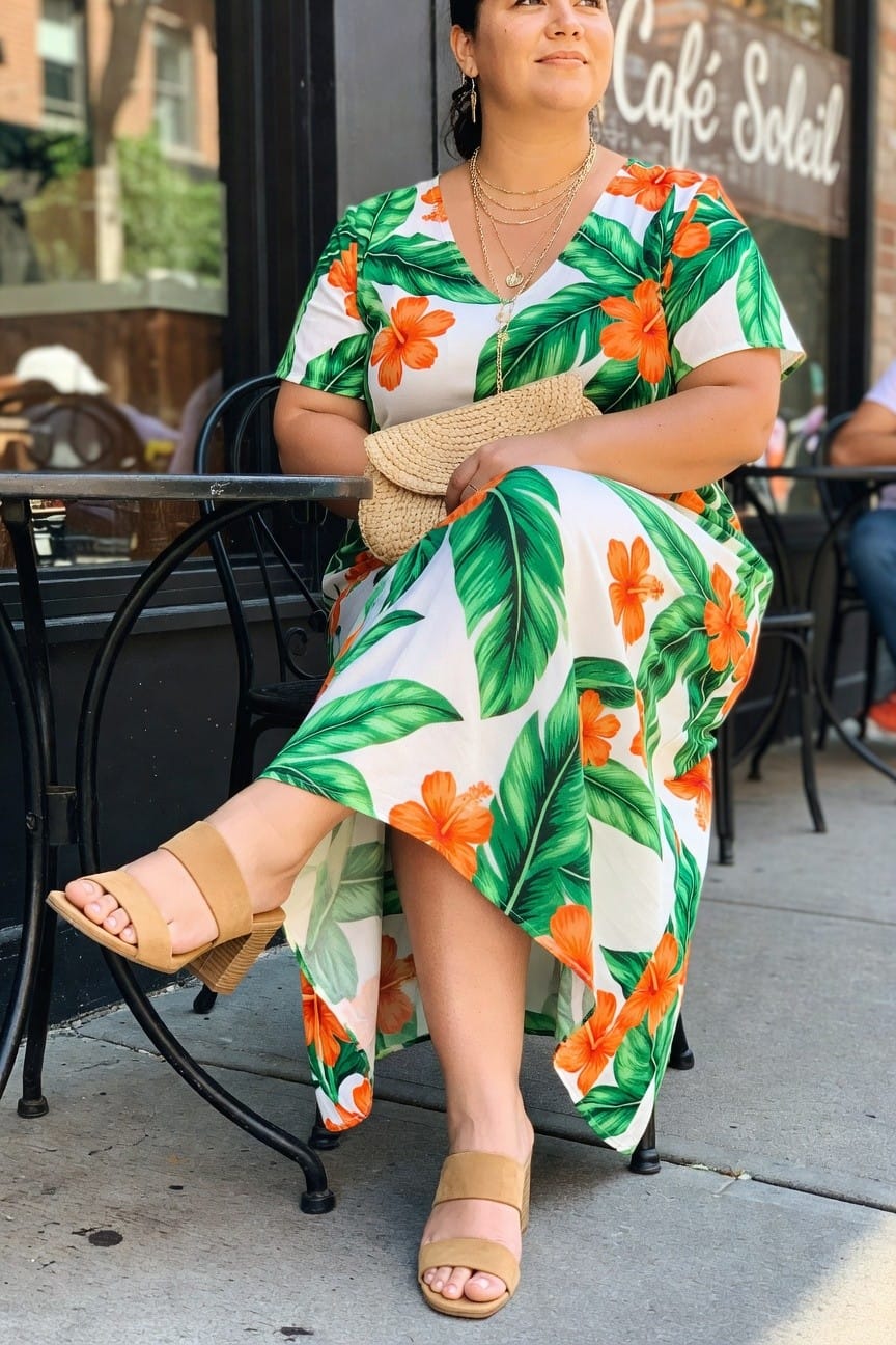 Woman in floral print dress and beige wedge sandals at outdoor café.
