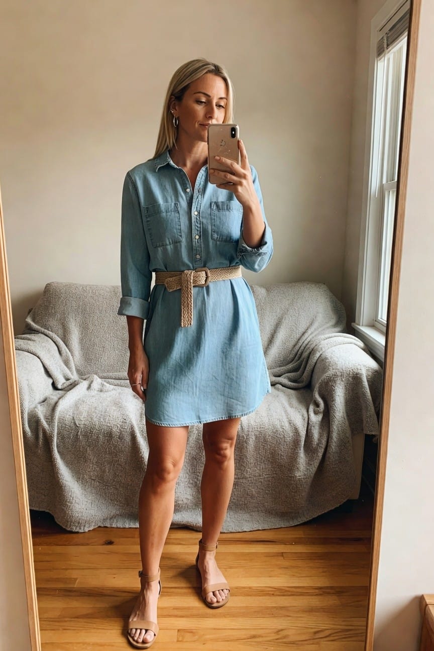Chambray Shirt Dress With Woven Belt