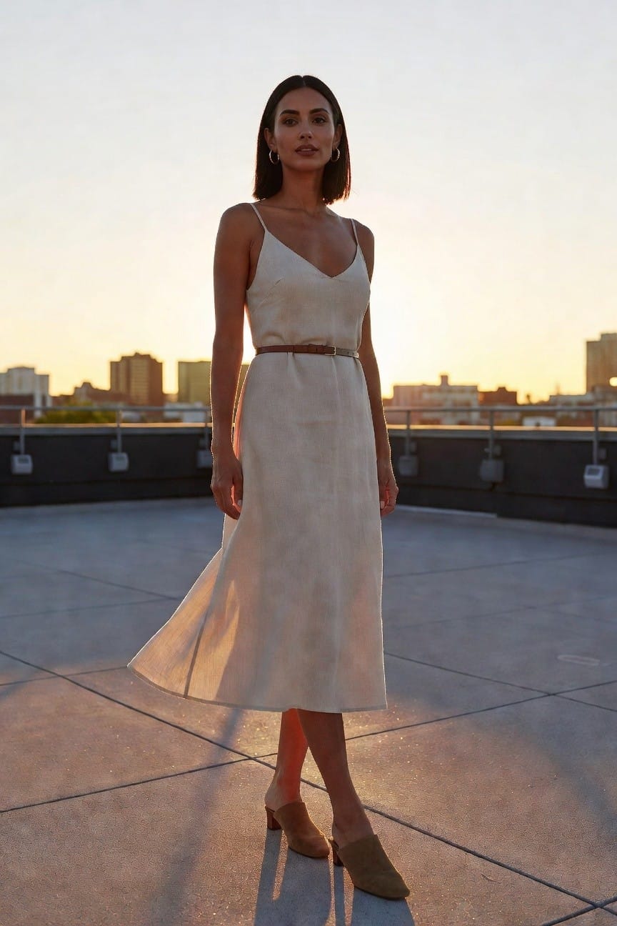 Linen Midi Dress With Belt And Mules