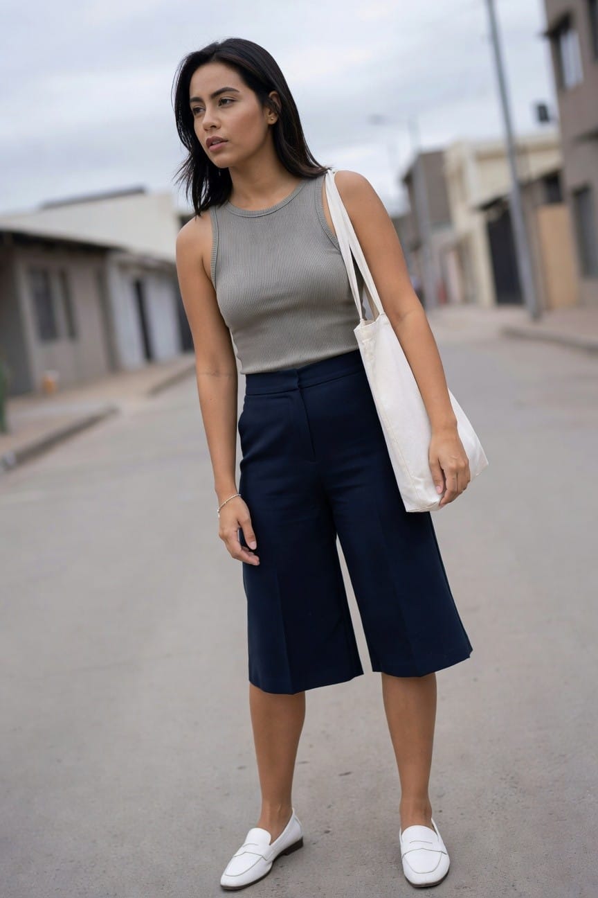 Ribbed Tank And Navy Culottes