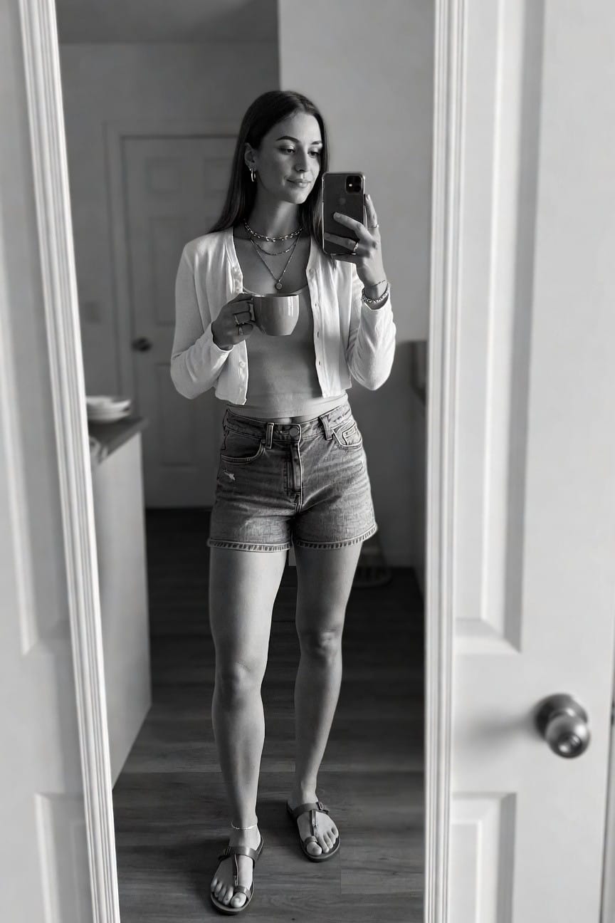Woman taking a mirror selfie in a white button front cardigan over a tank top with denim shorts, thin sandals, layered necklaces, and holding a mug in one hand and a phone in the other.
