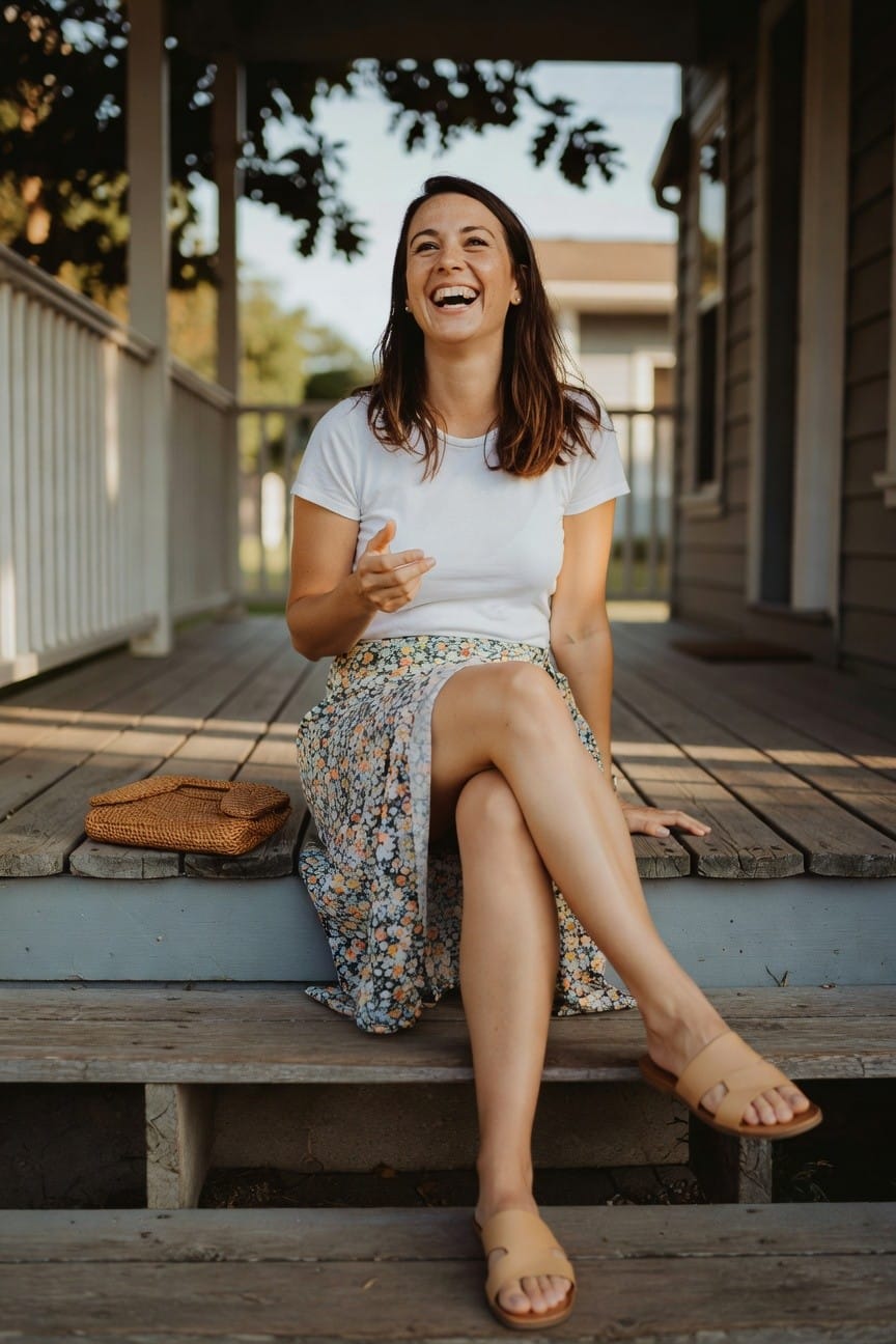 White Tee And Floral Skirt Pairing