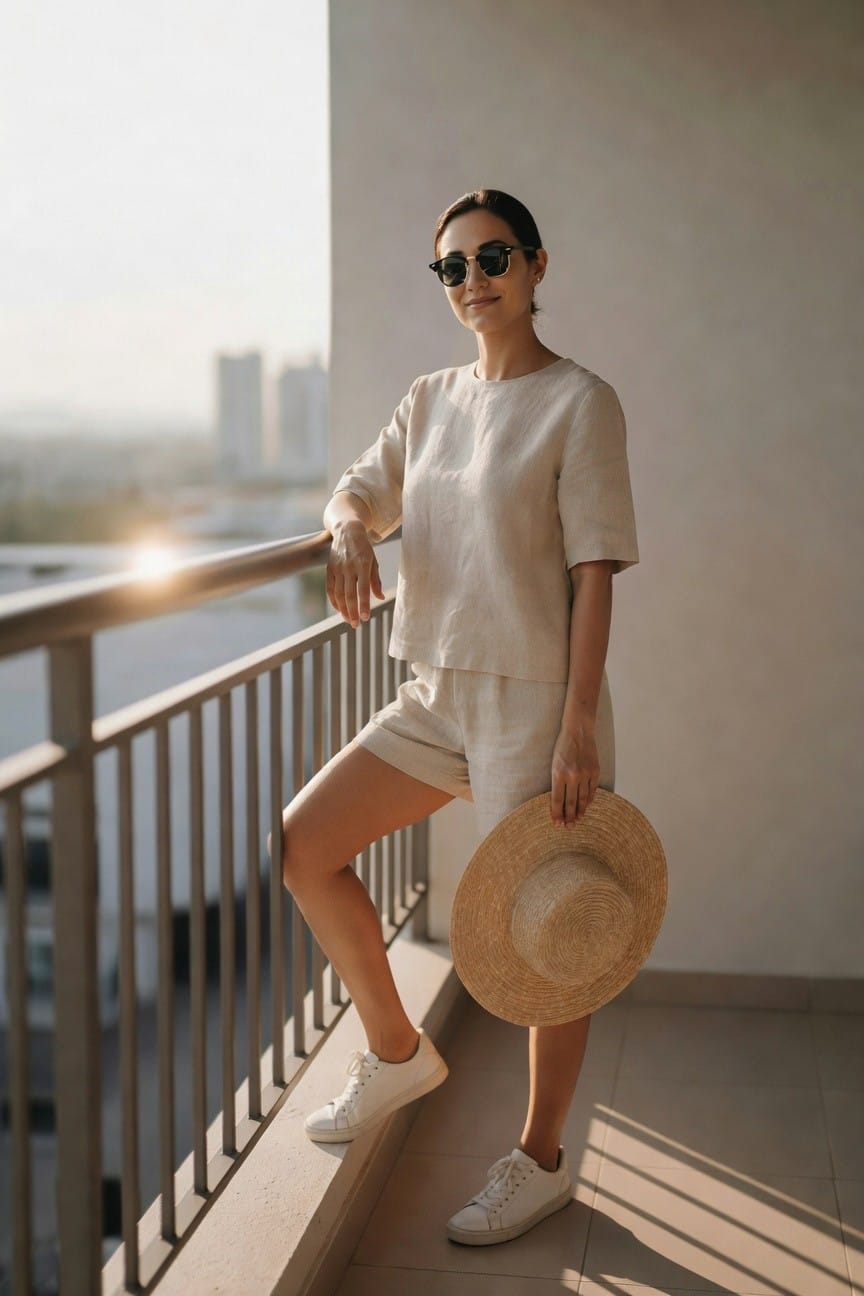 Linen Shorts Set With Everyday White Sneakers