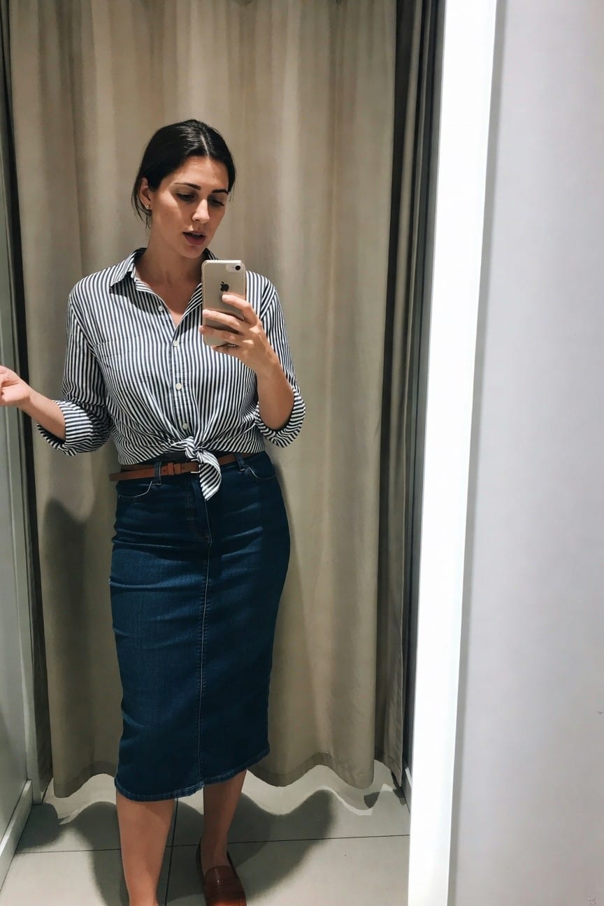 Striped Shirt Knotted Over Denim Skirt