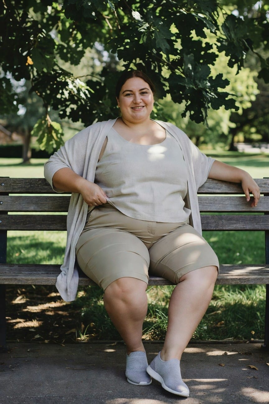 Woman in beige outfit smiling on park bench under leafy trees.