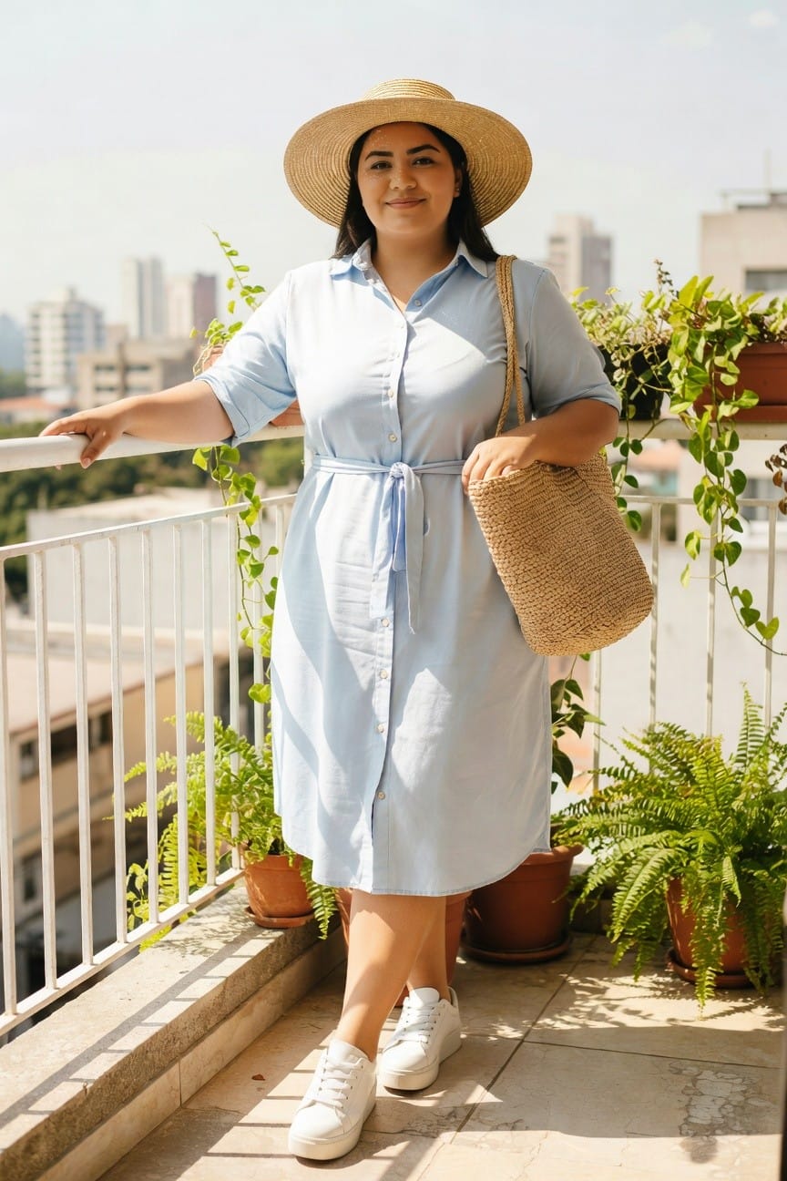 Woman in light blue shirt dress and straw hat on sunny balcony.