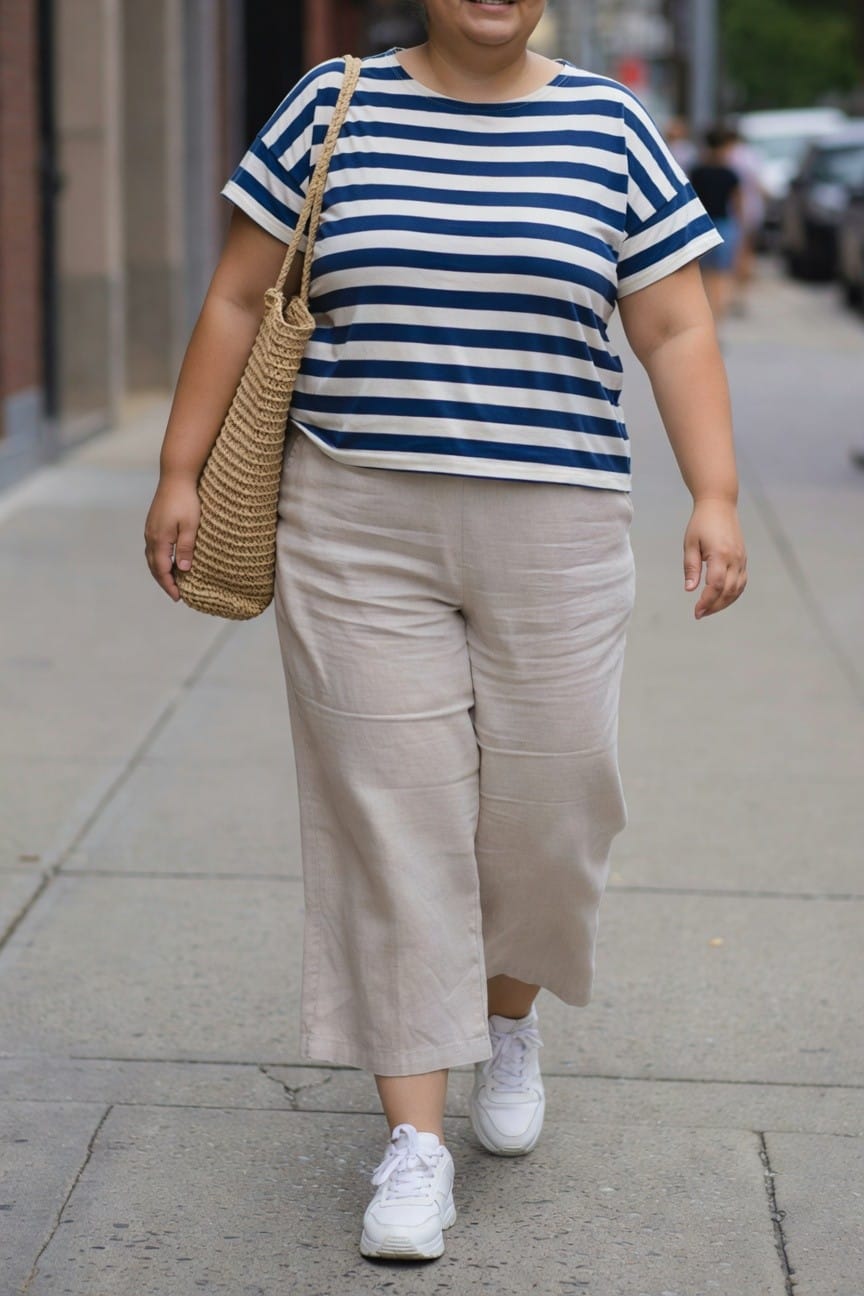 Woman in striped shirt and beige pants carrying woven bag on sidewalk.