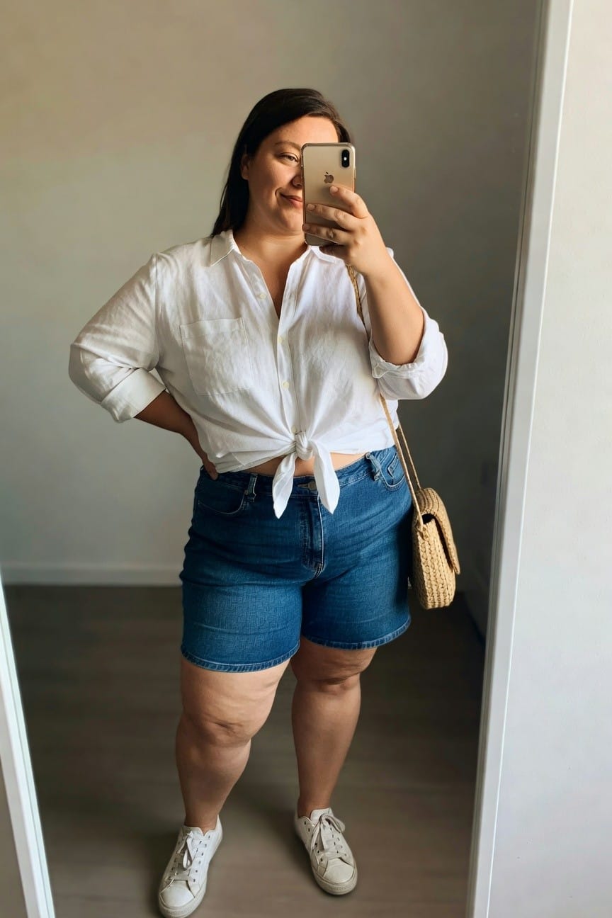 Woman in white tied shirt and denim shorts taking a mirror selfie.