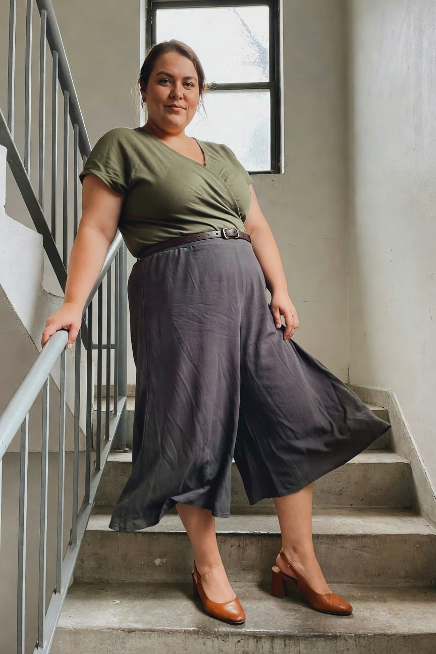Woman in olive top and gray culottes on concrete stairs.