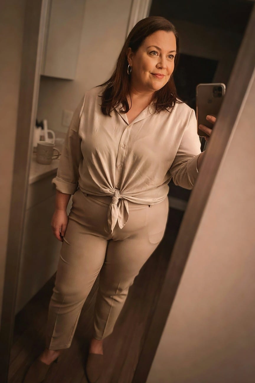 Woman in beige outfit taking a mirror selfie indoors.