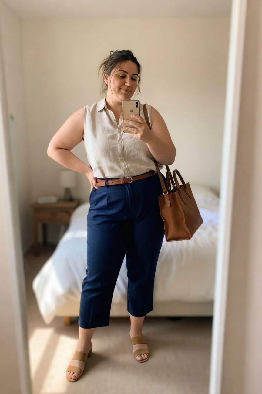 Woman in sleeveless beige shirt and navy capris taking a mirror selfie.